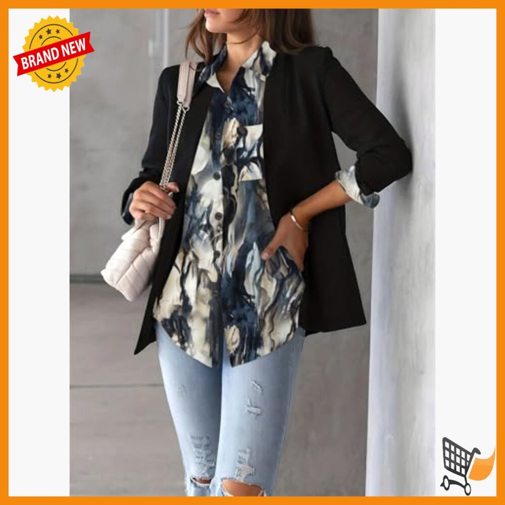 Long Sleeve Button Down Blouse with Pocket, Floral Print, Business Casual - Picture 3 of 7